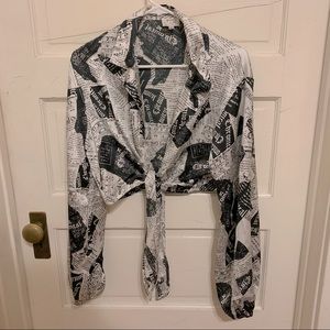 Dizzy Lizzy Satin Long Sleeve Cropped Newspaper Print Tie Wrap Style Blouse XL